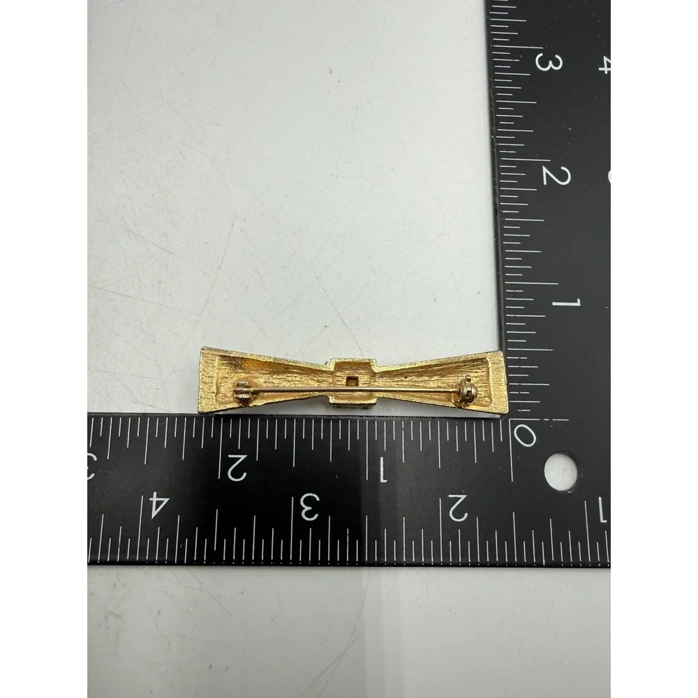Vintage Gold‎ Tone Art Deco Bow Brooch Black Enamel Crystal Rhinestone Bar Pin